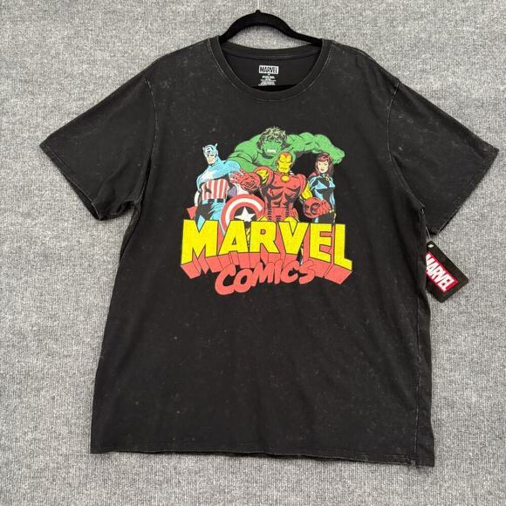 Marvel Comics Avengers Graphic T-Shirt Adult XL Black Acid Wash Short Sleeve NWT